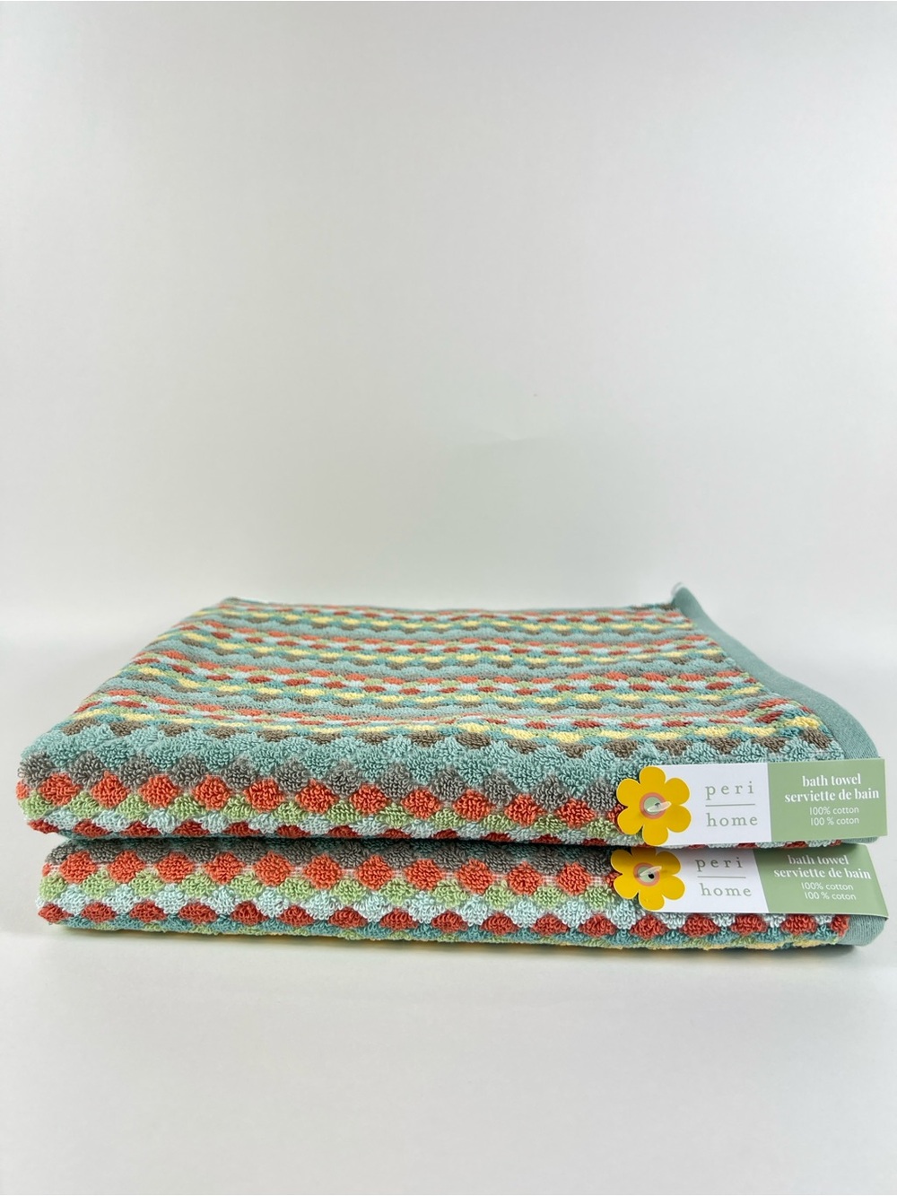Peri Home Bath Towel Set Turquoise Multicolor Diamond Pattern Cotton 2 Pc NEW